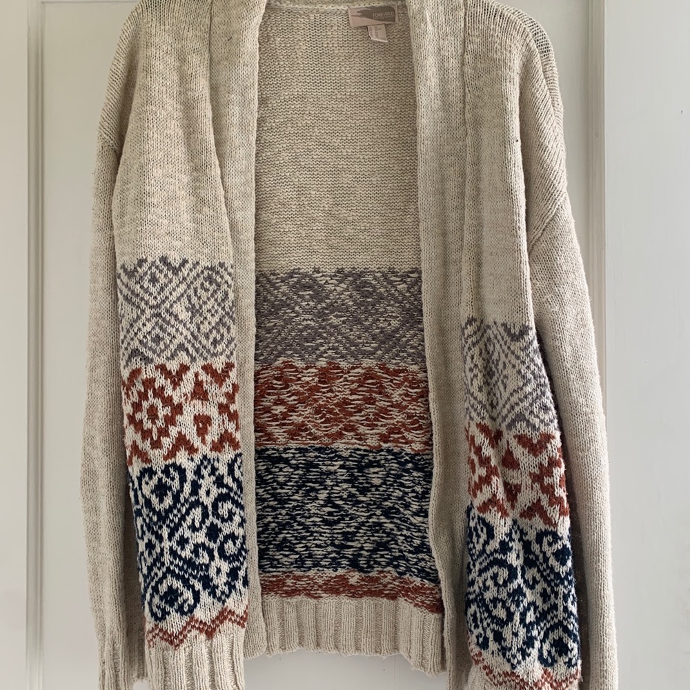 Forever 21 tan cardigan with blue, orange, & gray